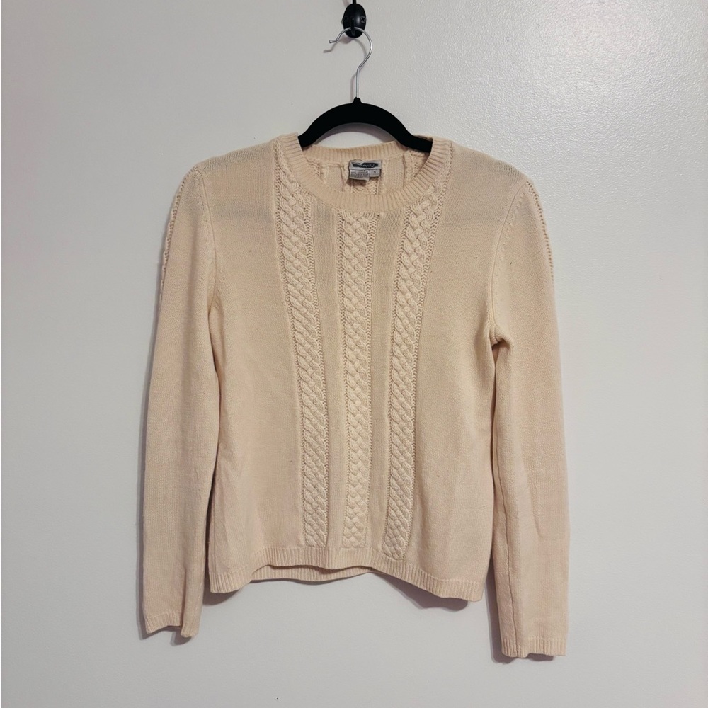 Worth cashmere cream sweater with cable knit front size small, overall piling